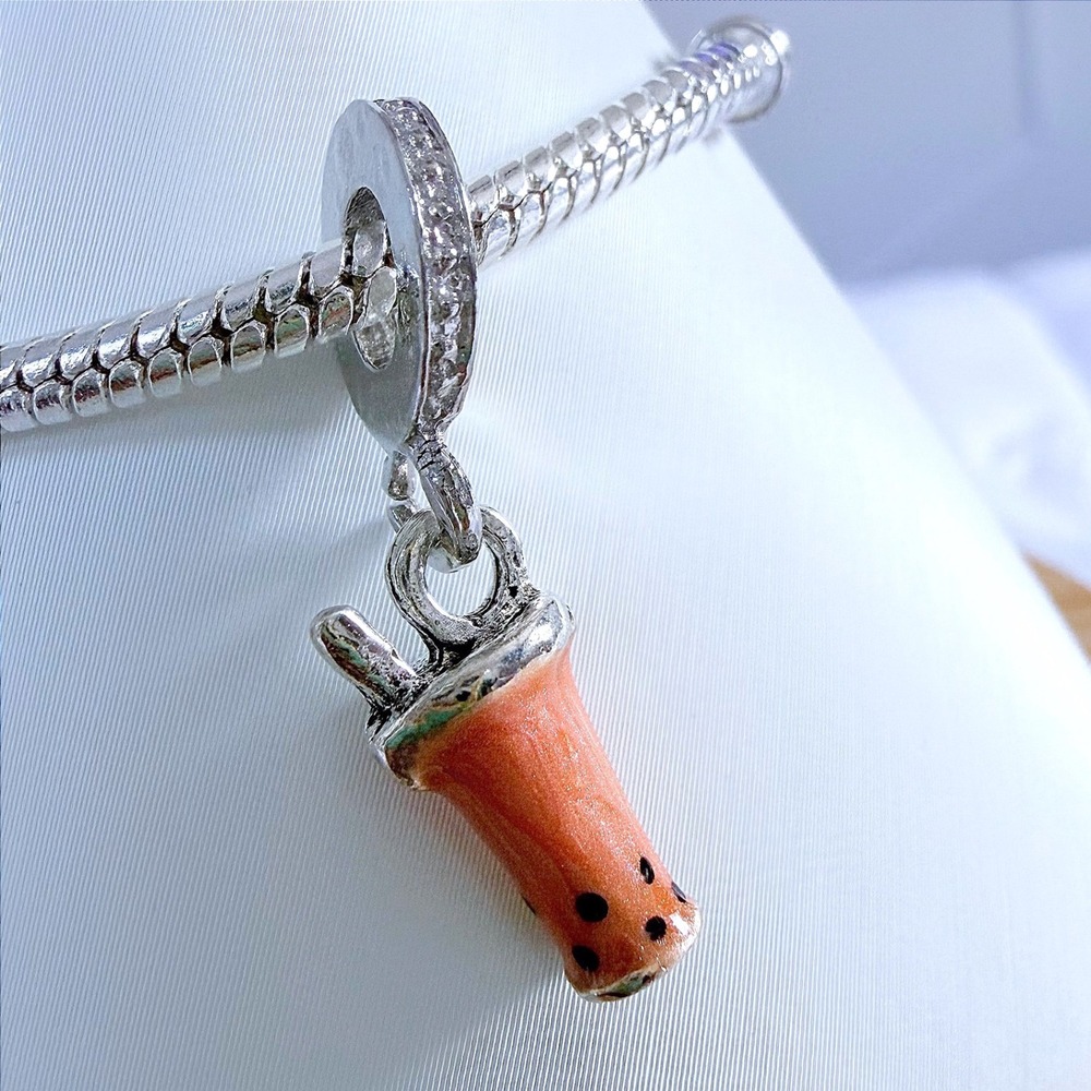 Silver Boba Tea Dangle Bead Charm Fits Snake Chain Bracelet